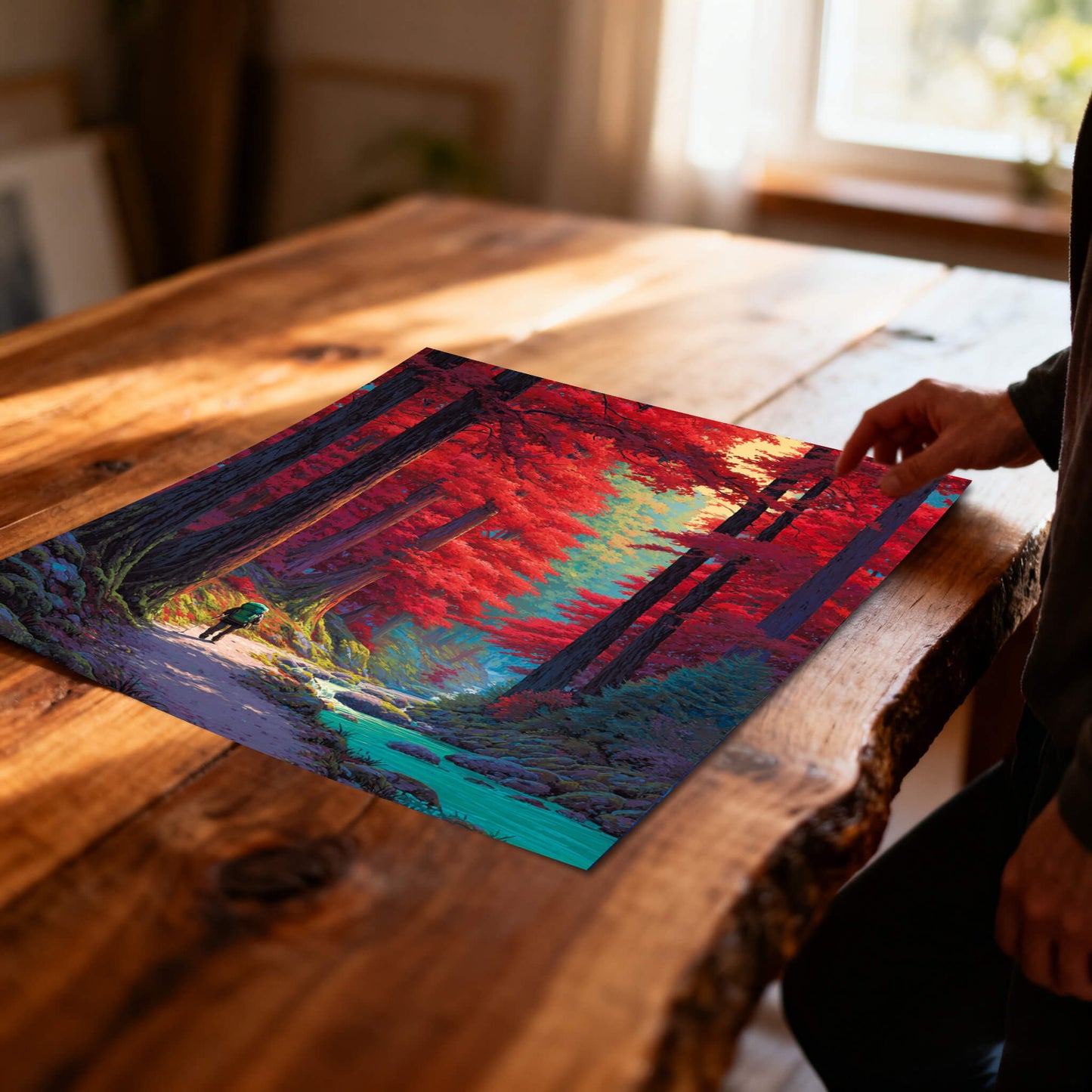 Close-up of a person’s hands over a vibrant red forest landscape art print on a rustic wooden table with natural sunlight.
