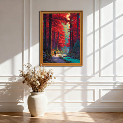 Nature wall art in a gold frame mounted on a white paneled wall above a large floor vase with dried flowers.