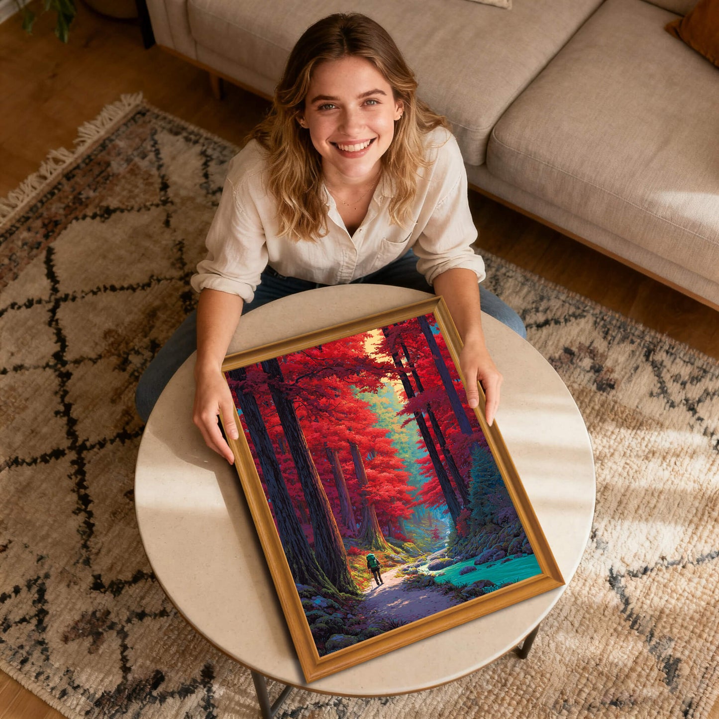 A woman smiling while holding a large framed landscape print featuring a traveler in a red forest on a round coffee table.