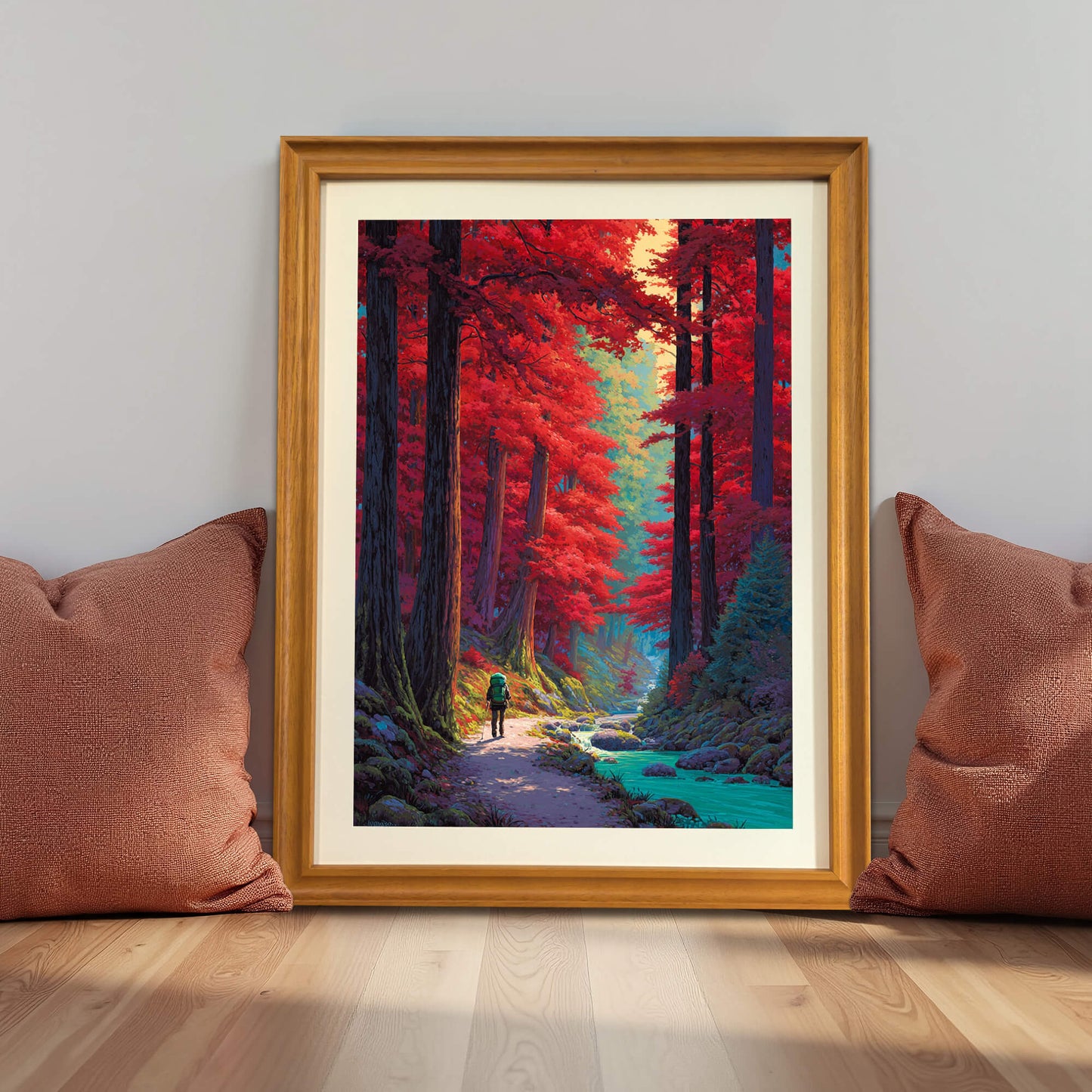 Framed forest art with a gold finish leaning against a grey wall on a light wood floor between two terracotta pillows.