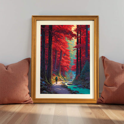 Framed forest art with a gold finish leaning against a grey wall on a light wood floor between two terracotta pillows.