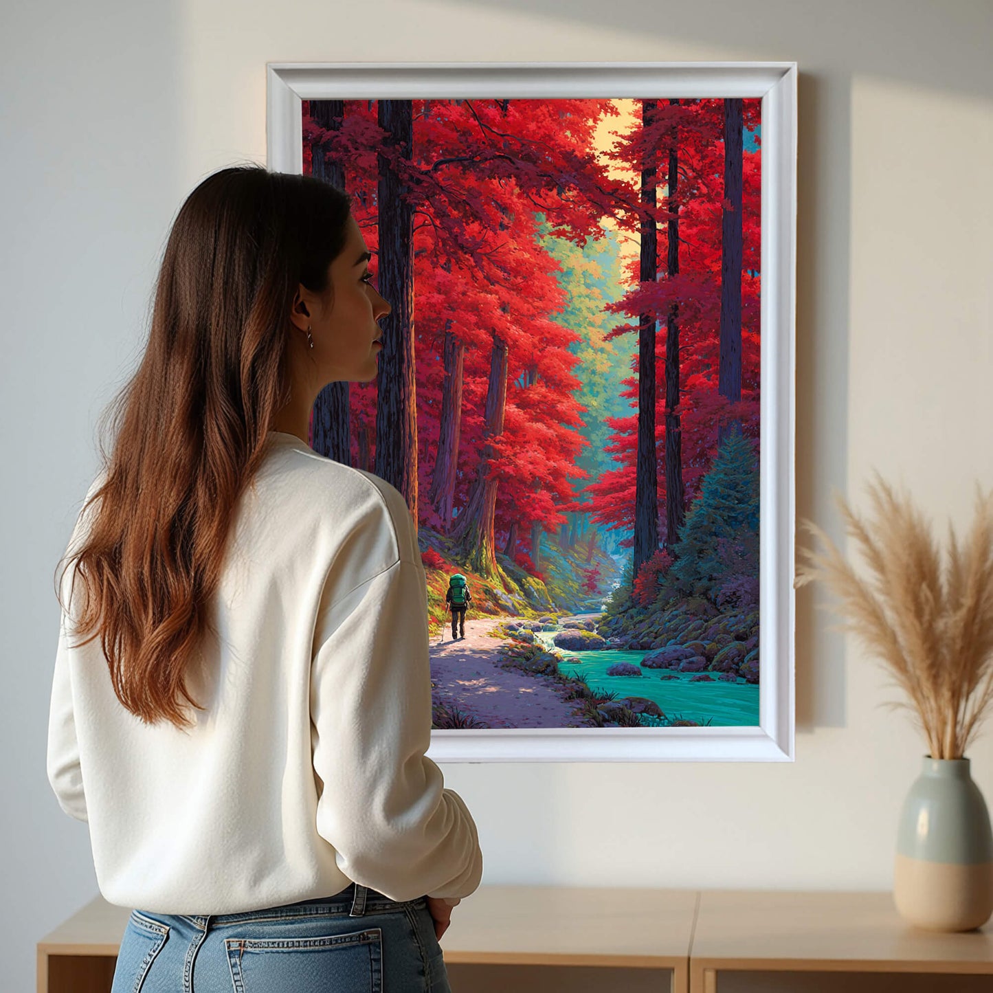 A woman standing in front of a large white framed nature print of a colorful autumn trail in a modern, bright living room.