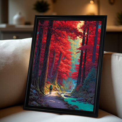 A black framed art print of a hiker in a red sequoia forest leaning against a cream-colored sofa in a cozy interior.