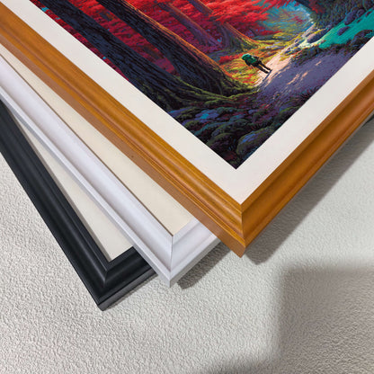 Detailed close-up showing black, white, and oak wood picture frame corners stacked over a colorful landscape painting.
