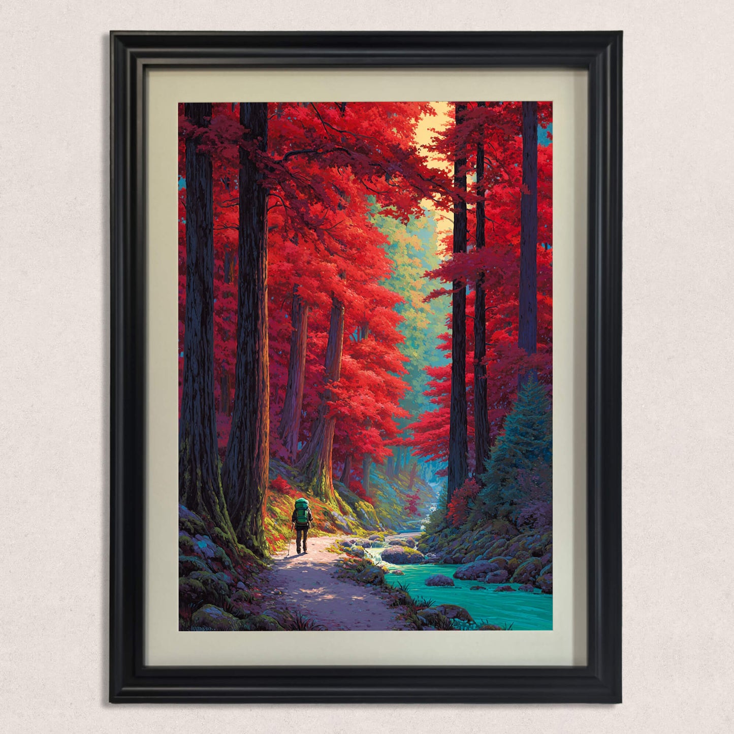 Front view of a black framed vertical art print showing a hiker on a path through a vibrant red and teal forest.