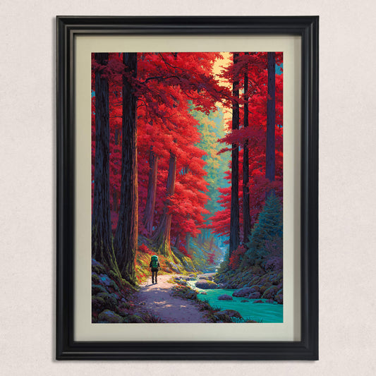 Front view of a black framed vertical art print showing a hiker on a path through a vibrant red and teal forest.
