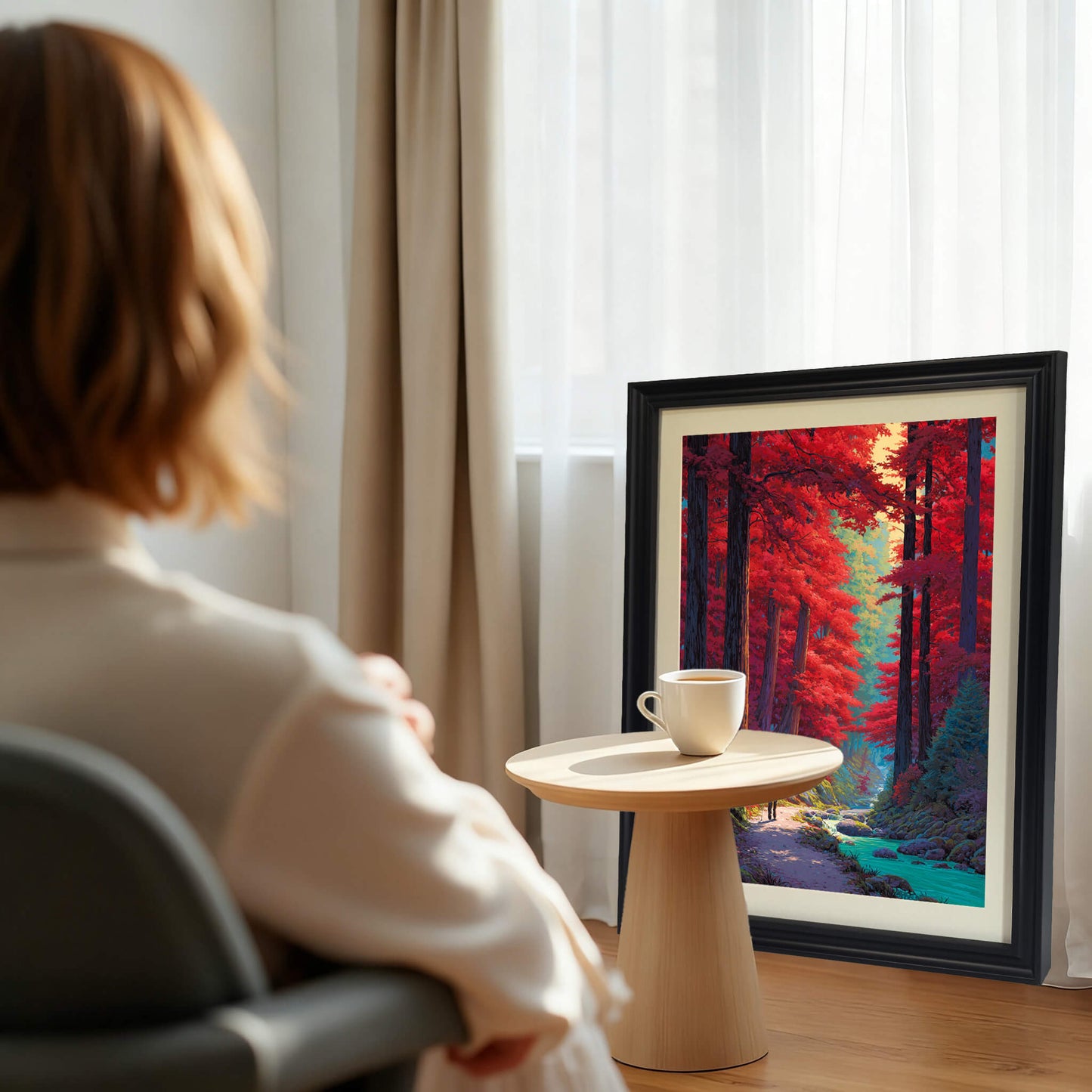 A woman sitting in a chair looking at a large black framed forest painting leaning against a wall next to a window.