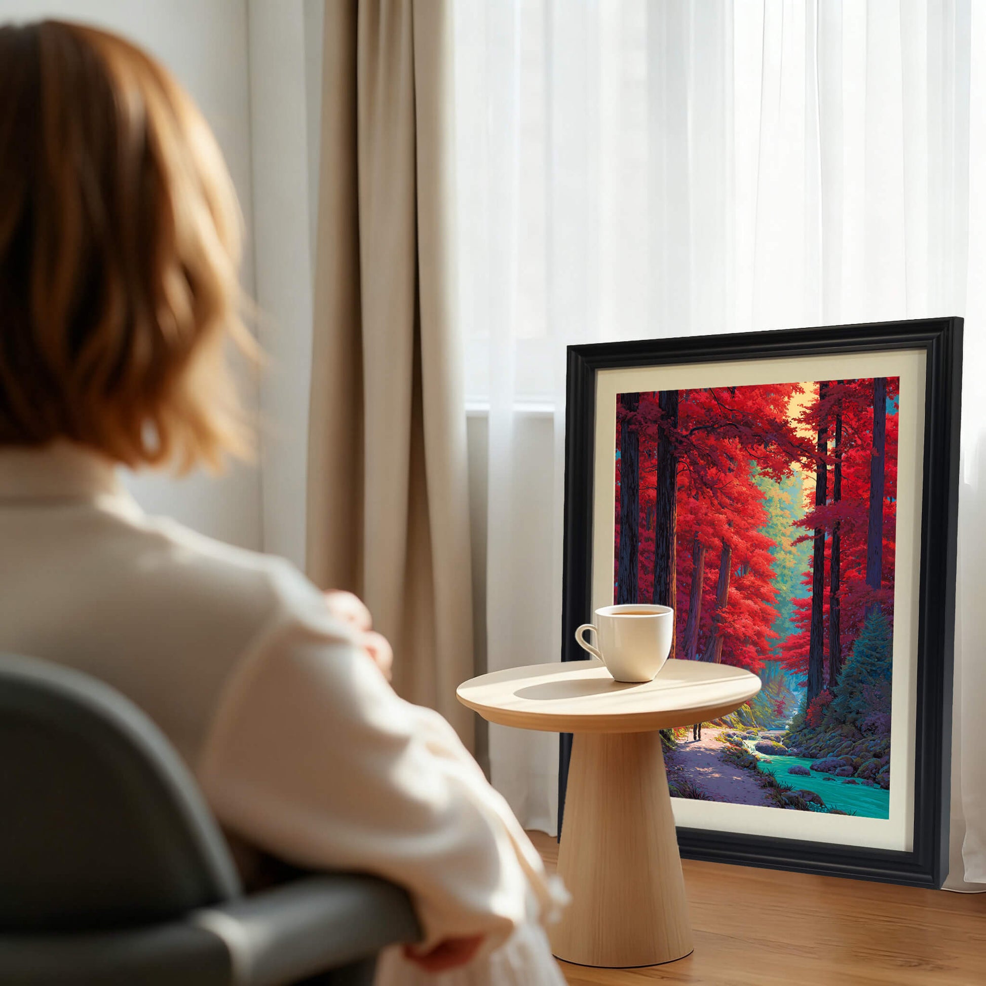 A woman sitting in a chair looking at a large black framed forest painting leaning against a wall next to a window.