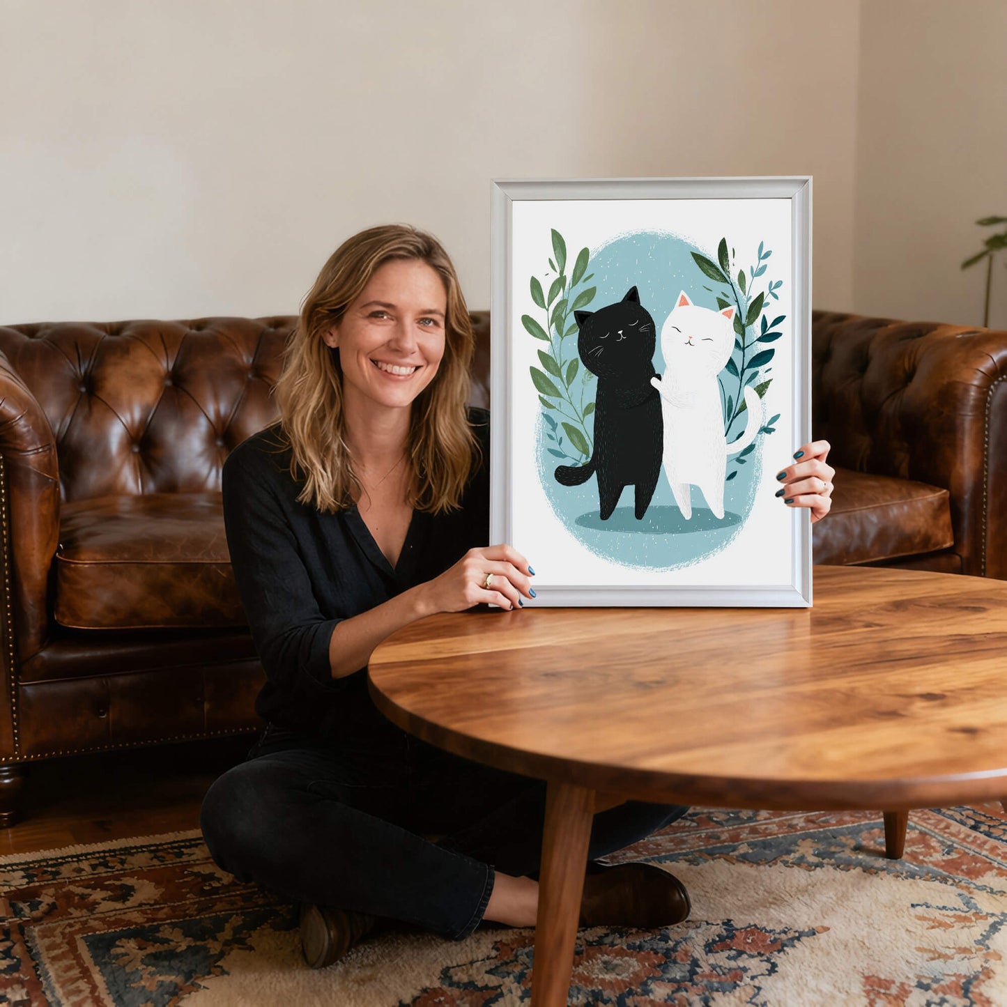 A woman sits cross-legged on a rug in a living room, smiling and holding a large white-framed art print of two hugging cats in front of her. A leather Chesterfield sofa and a wooden coffee table are in the background.