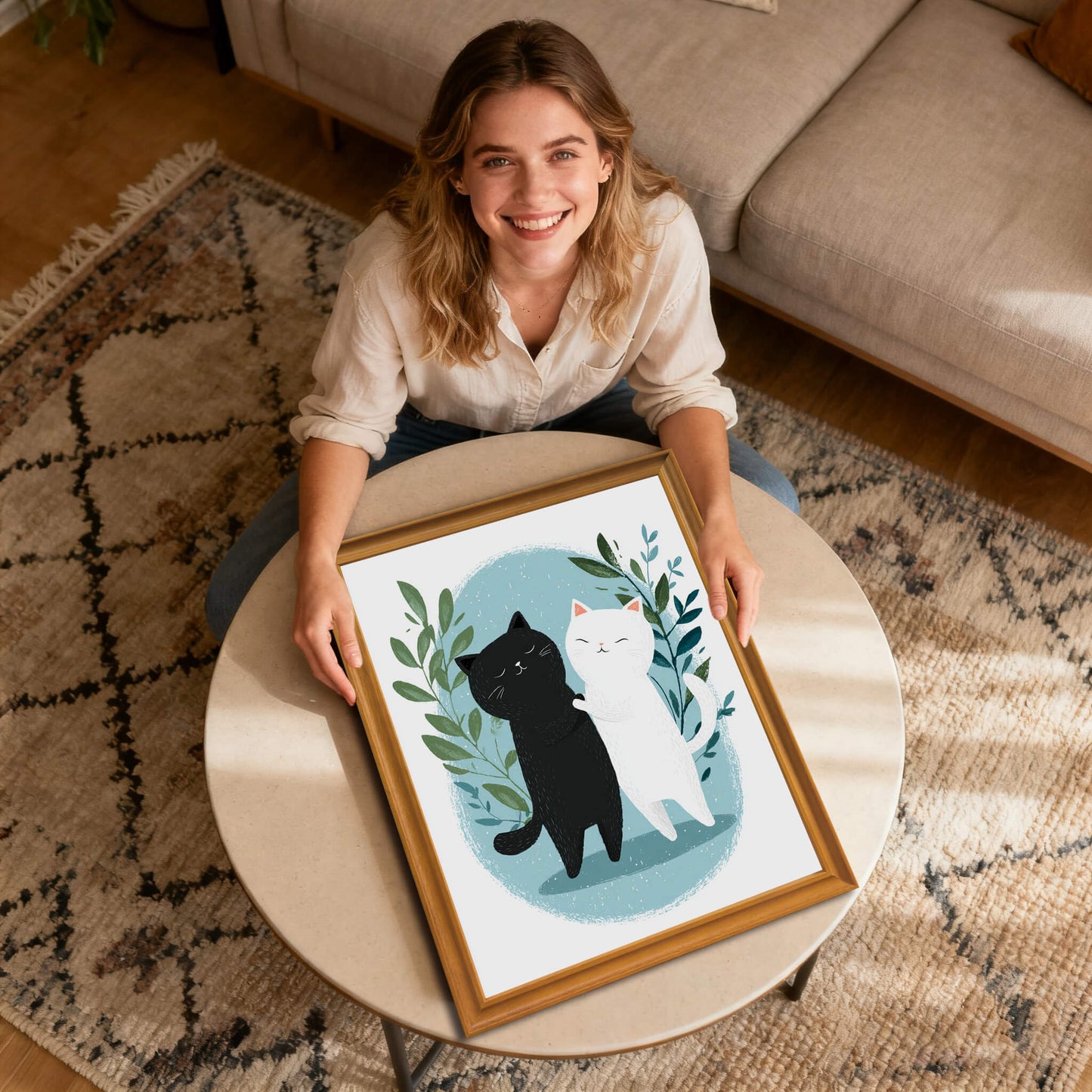 A high-angle view of a smiling woman sitting on the floor, holding a wood-framed print of the hugging cats on top of a round, light-colored coffee table.