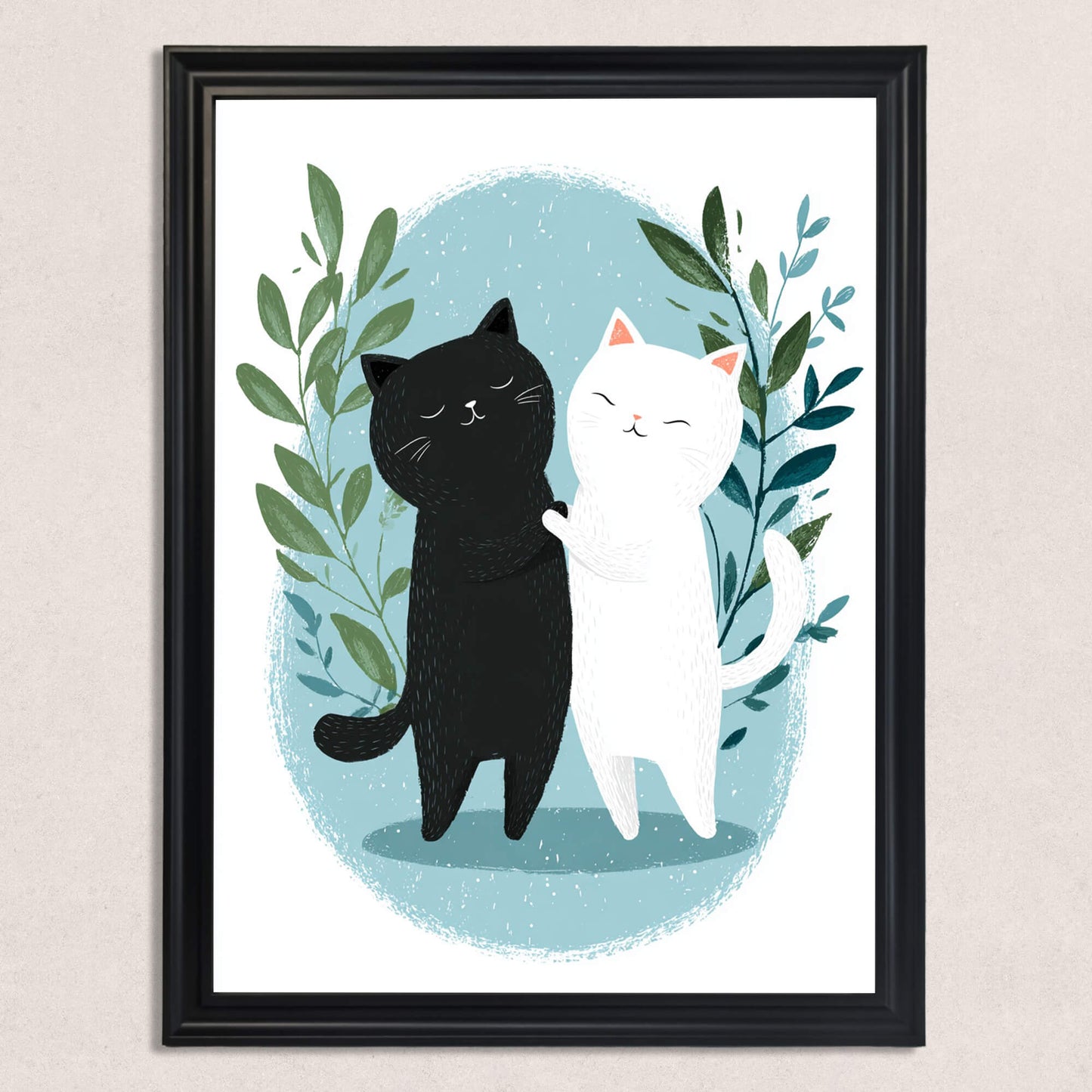 A front-facing studio shot of the hugging cats illustration encased in a simple, elegant black frame, centered against a neutral, off-white textured wall.