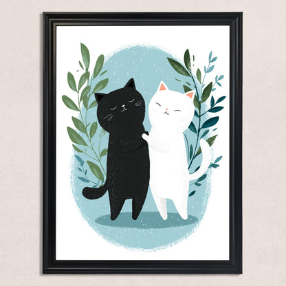 A front-facing studio shot of the hugging cats illustration encased in a simple, elegant black frame, centered against a neutral, off-white textured wall.