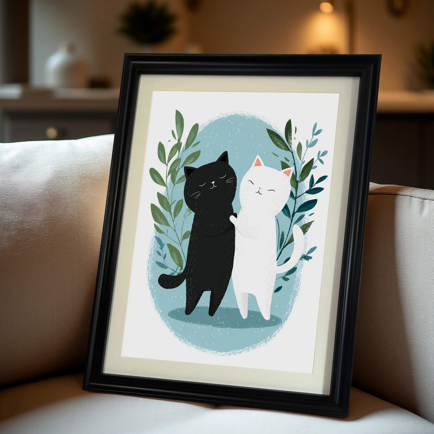 A close-up shot of a black-framed art print featuring a black cat and a white cat hugging. The frame is leaning against the soft, neutral-colored fabric of a sofa in a dimly lit room.