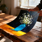 Close-up of hands holding an unframed, slightly curved art print of white flowers in a blue vase, set on an orange table, lying on a rustic wooden table. The texture of the painted surface is visible.