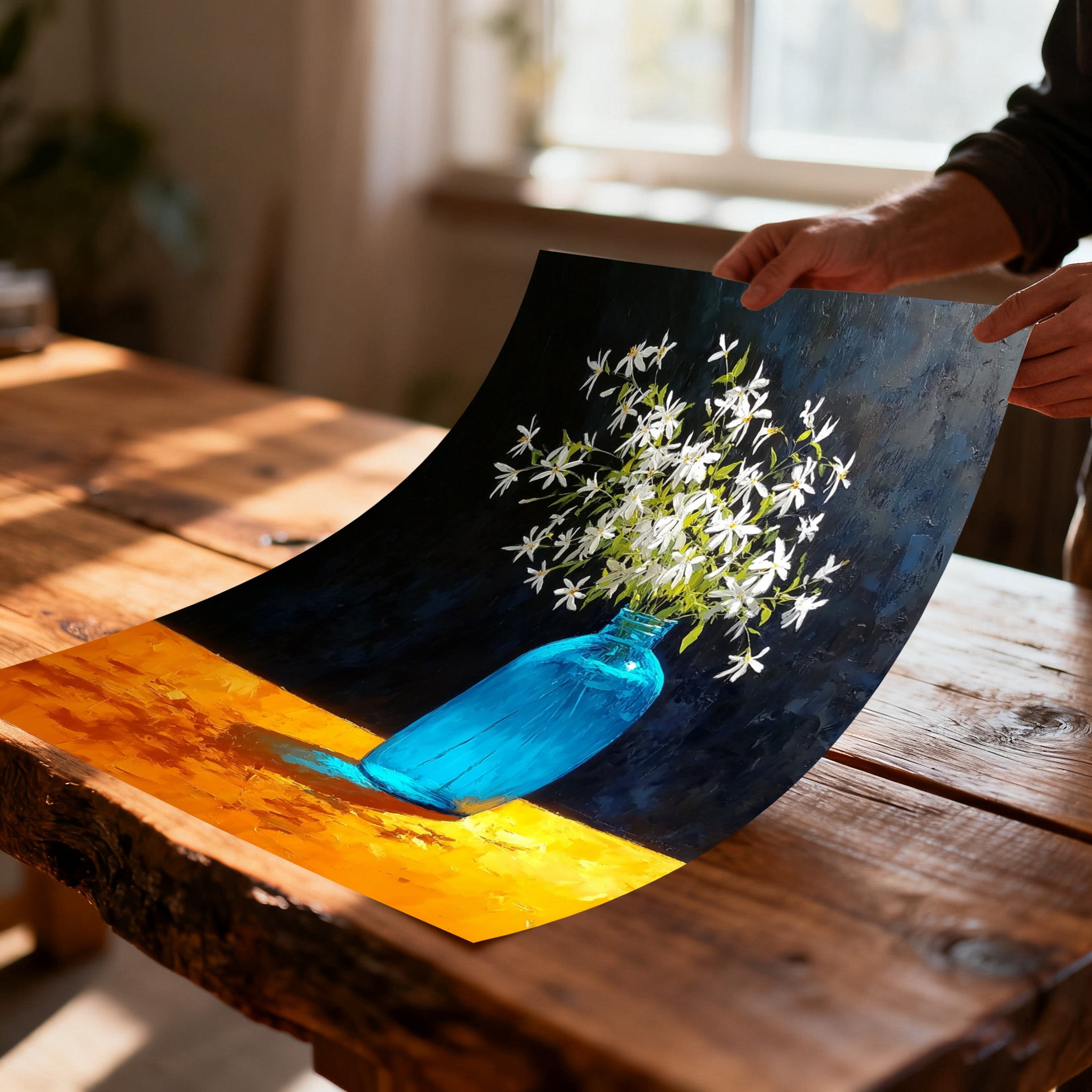 Close-up of hands holding an unframed, slightly curved art print of white flowers in a blue vase, set on an orange table, lying on a rustic wooden table. The texture of the painted surface is visible.
