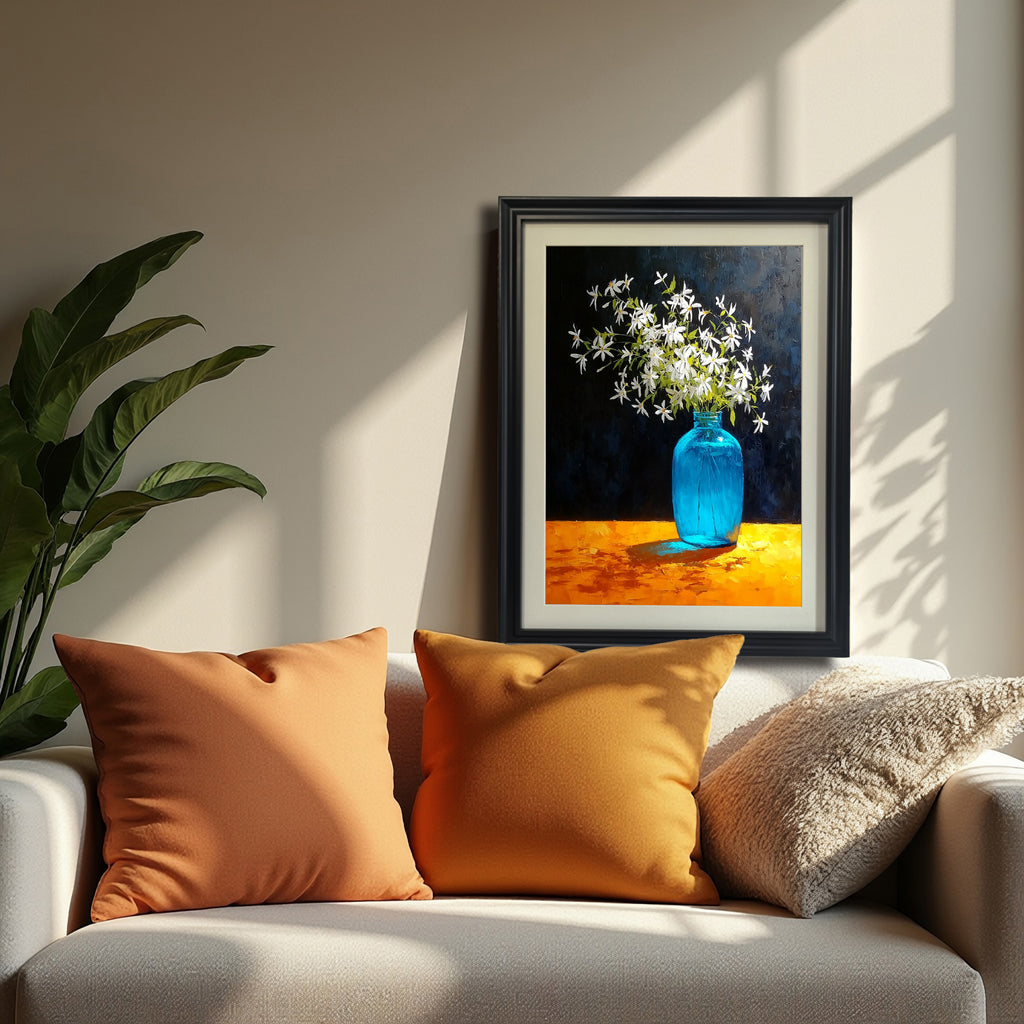 A black-framed art print resting on a white sofa with orange and gold pillows. A large green houseplant is on the left. Sunlight casts shadows on the wall and sofa, complementing the bright colors of the artwork.