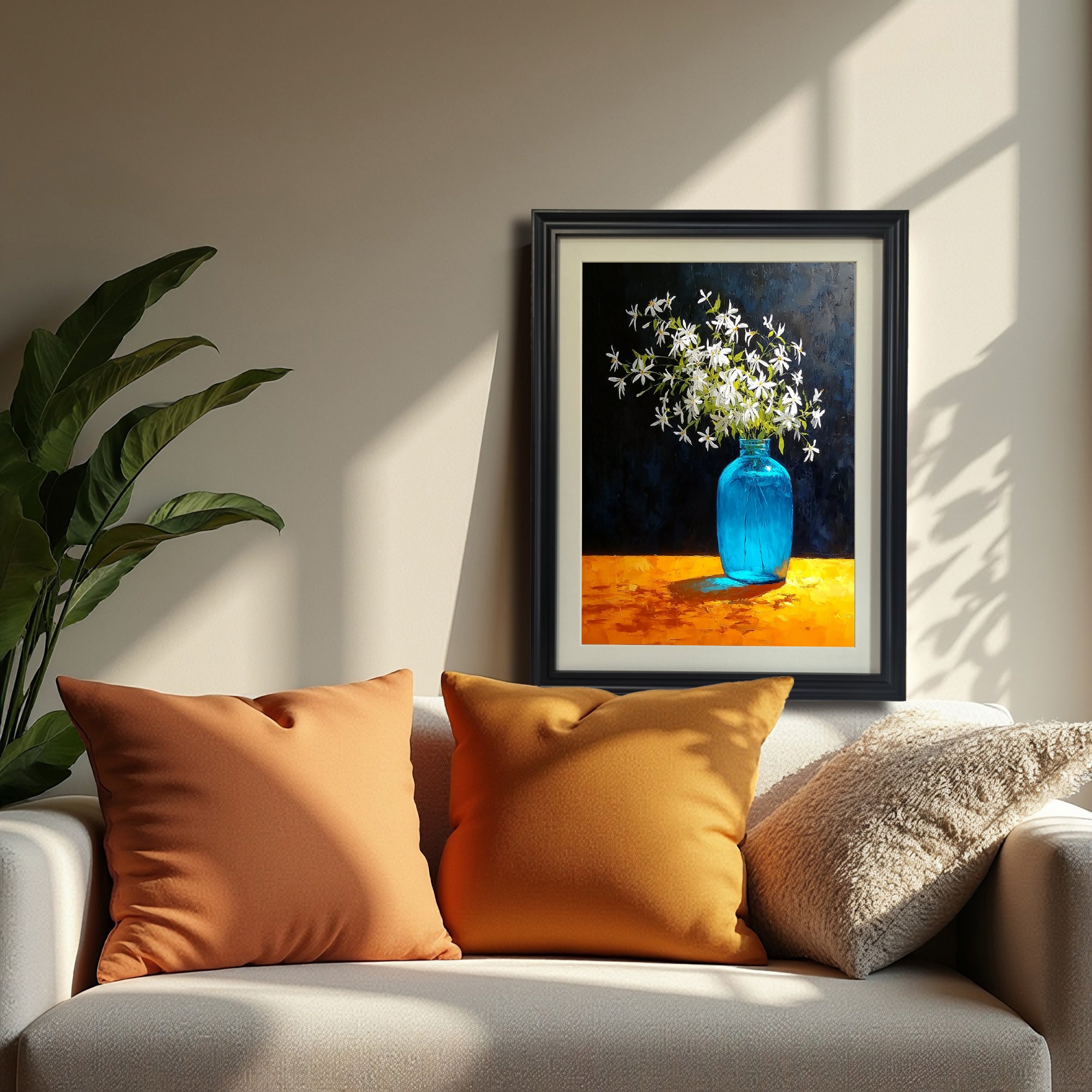 A black-framed art print resting on a white sofa with orange and gold pillows. A large green houseplant is on the left. Sunlight casts shadows on the wall and sofa, complementing the bright colors of the artwork.