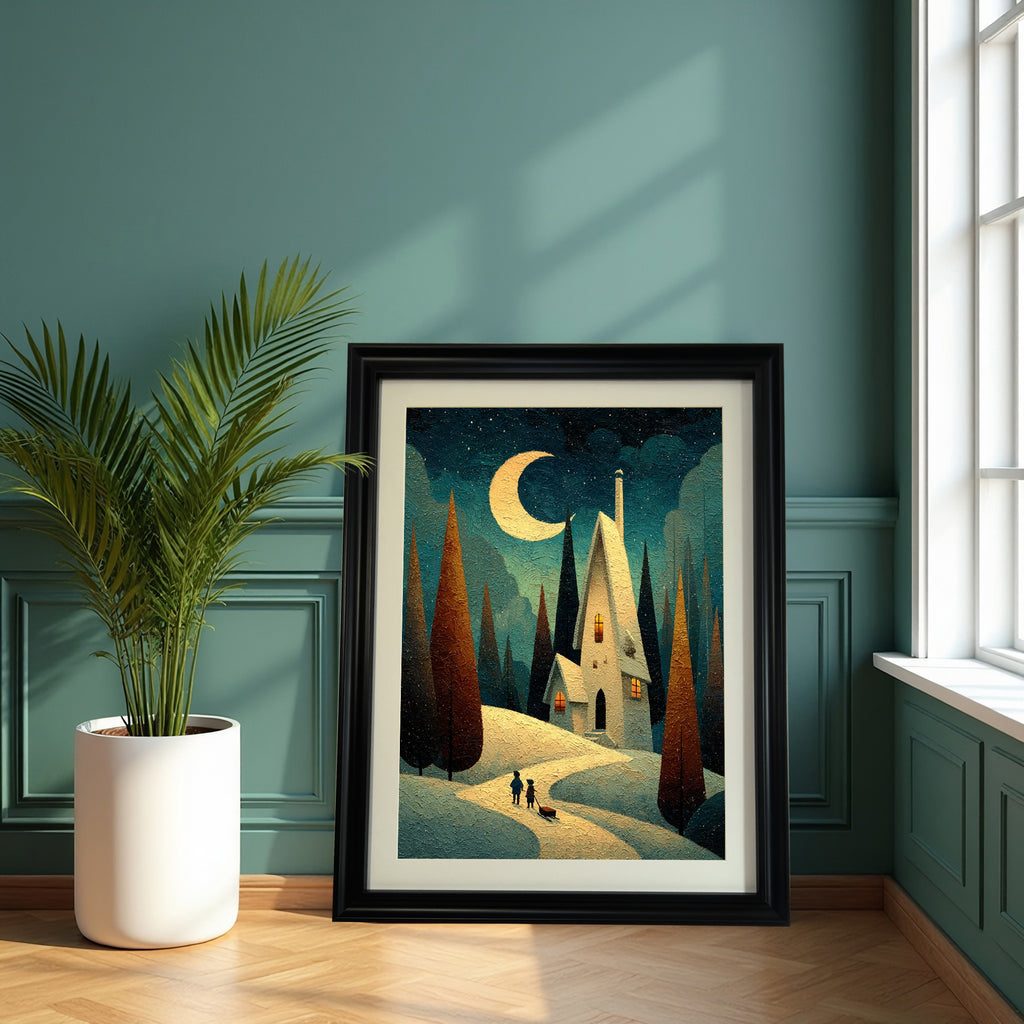 Whimsical snowy night art print in a thick black frame, leaning on a wooden floor against a dark teal paneled wall next to a potted palm plant.