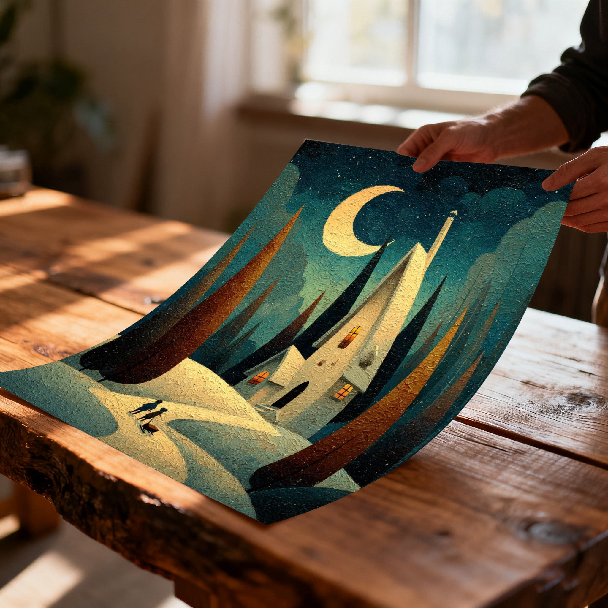 Unframed print of the whimsical snowy night painting being held and slightly curved by a person's hands over a rustic wooden table.