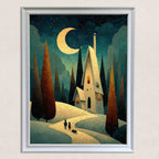 Whimsical textured painting of a snowy night scene with a path, house, and large crescent moon, framed in white, hanging on a light textured wall.
