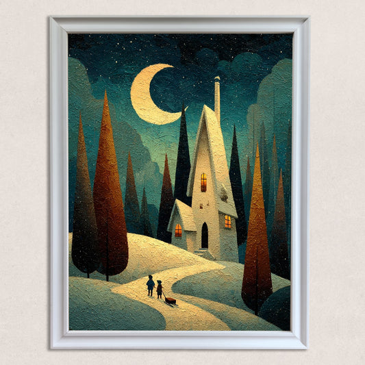 Whimsical textured painting of a snowy night scene with a path, house, and large crescent moon, framed in white, hanging on a light textured wall.