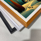 Close-up corner detail of the whimsical winter scene artwork showing three stacked frame options: , white, orange, and black.