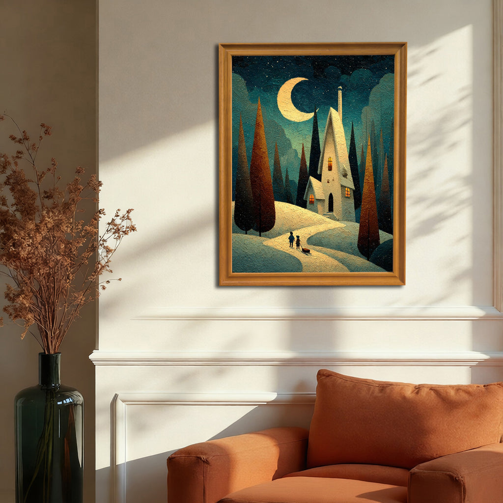 Whimsical painting of a snowy night scene with a tall house and cypress trees, in a gold-colored frame, hanging on a beige wall above an orange armchair.