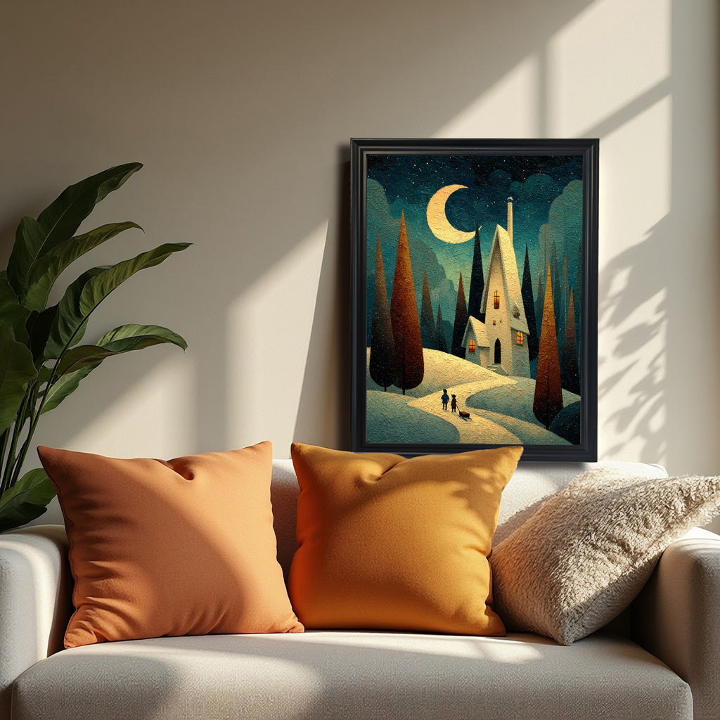 Whimsical textured painting of a couple walking toward a tall house under a crescent moon on a snowy night, in a black frame, resting on a white sofa with orange pillows.