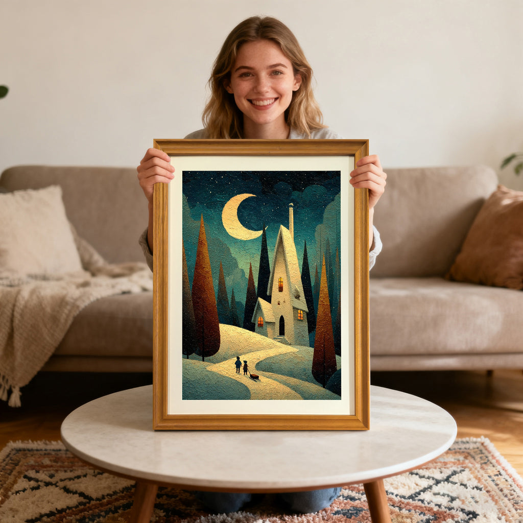 Smiling young woman holding up a textured impressionist painting of a sunny blue coastal beach and cliffside with turquoise water, in a gold-colored wood frame.