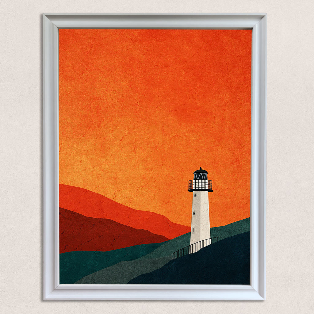 Minimalist art print of a white lighthouse against an orange sunset and layered blue-green hills, framed in white, hanging on a light textured wall.