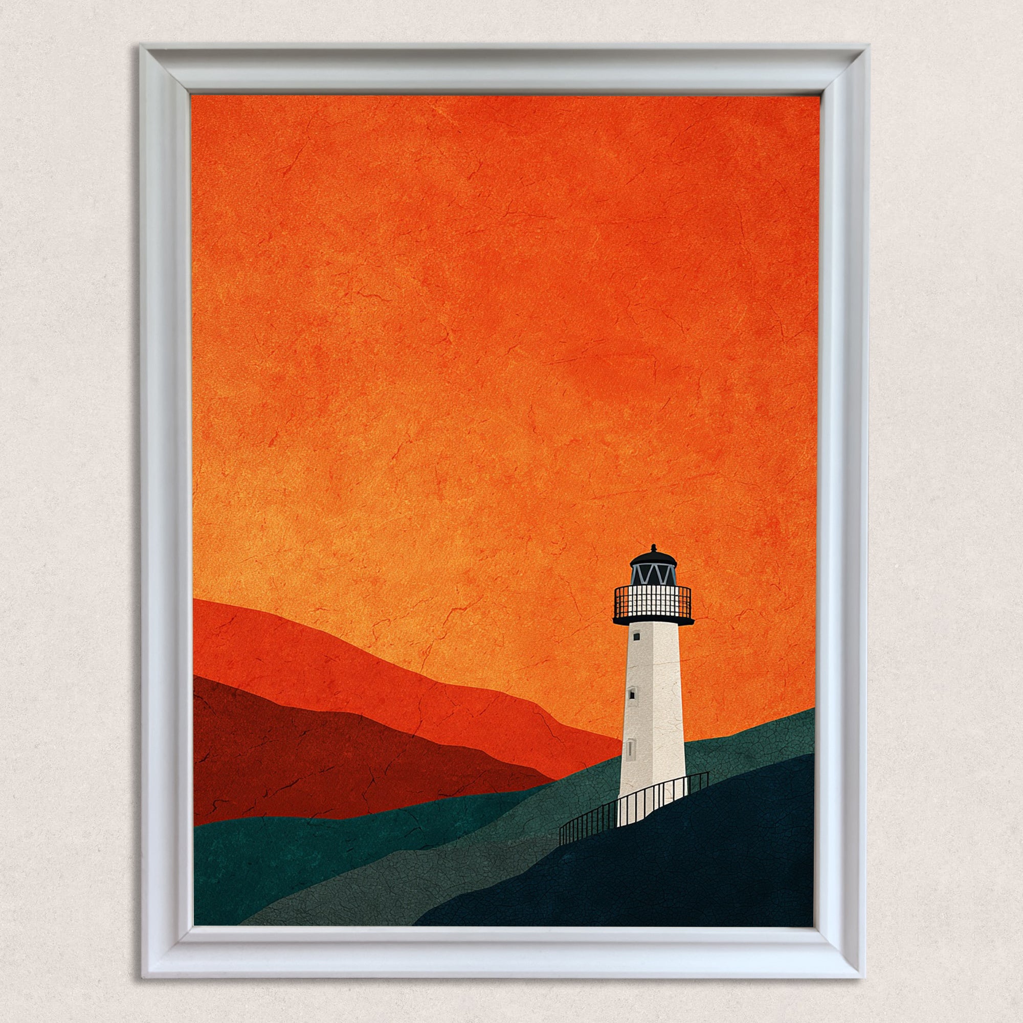 Minimalist art print of a white lighthouse against an orange sunset and layered blue-green hills, framed in white, hanging on a light textured wall.