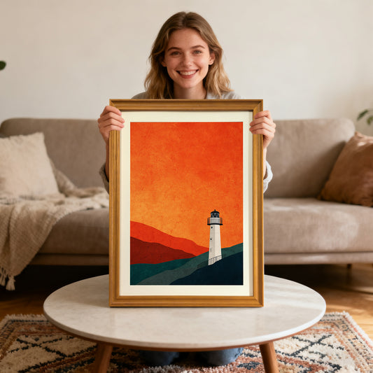 Smiling young woman holding up the minimalist lighthouse art print with an orange sky, framed in gold-colored wood, sitting by a marble coffee table in a living room.