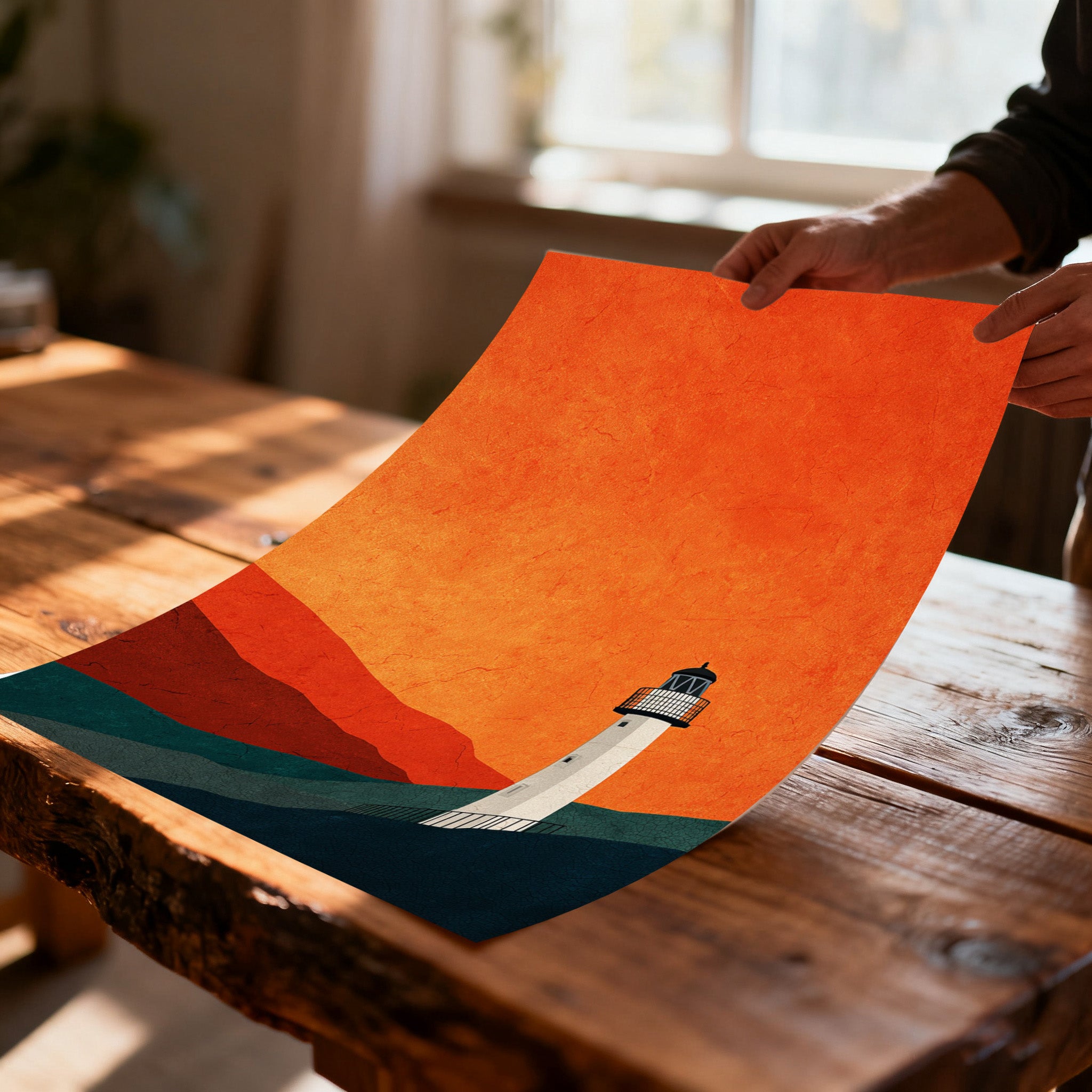 Unframed print of the minimalist lighthouse artwork with a vibrant orange sky being held and slightly curved by a person's hands over a rustic wooden table.