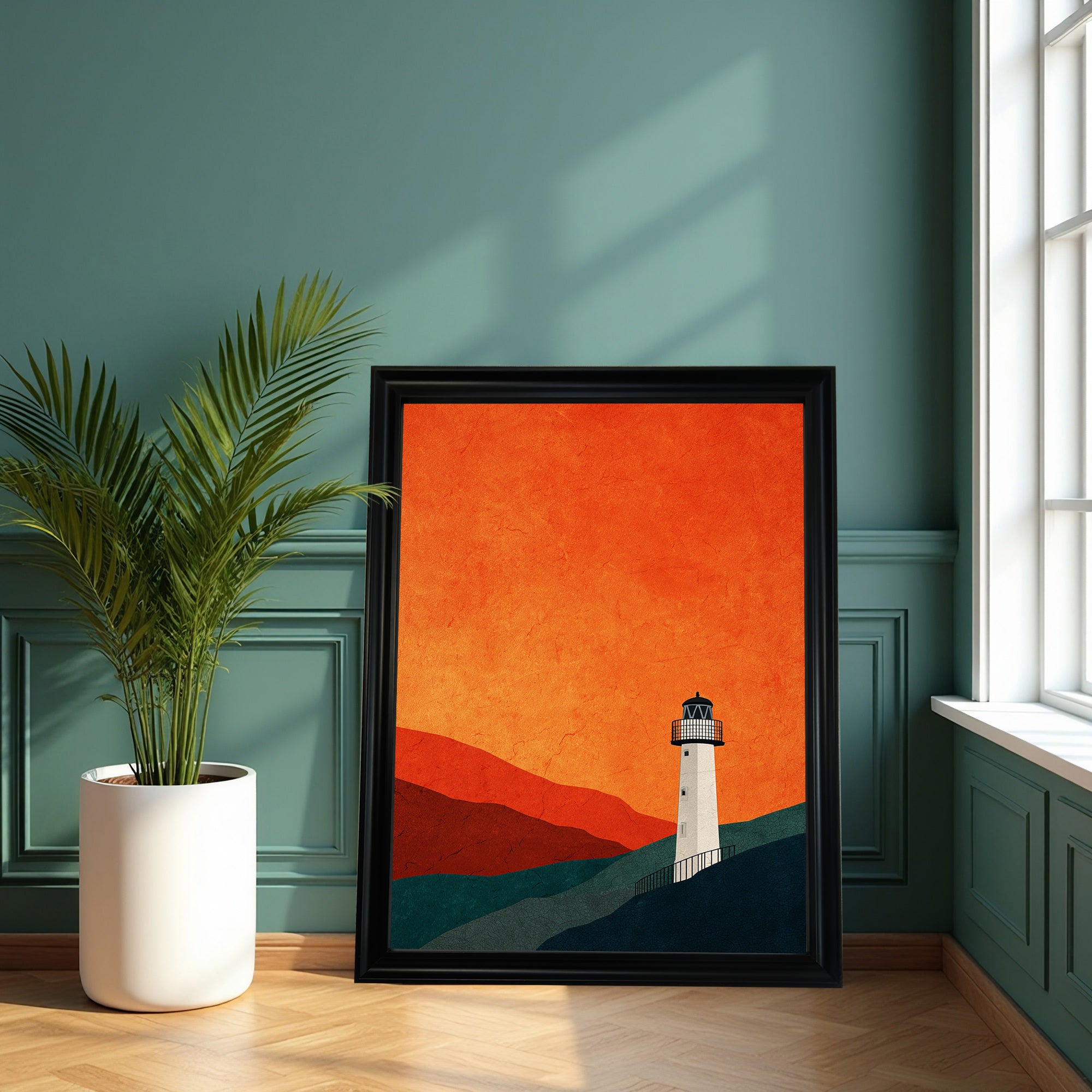 Minimalist art print of a white lighthouse on a dark blue hill beneath an intense orange sky and red mountains, in a thick black frame, leaning on a wood floor against a dark teal paneled wall next to a large potted plant.