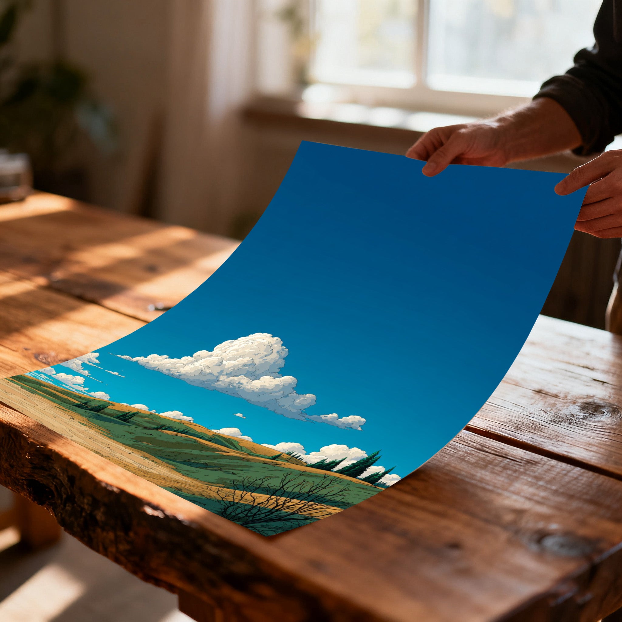 Close-up of hands holding an unframed, slightly curved art print of a minimalist hillside landscape and large white cloud against a deep blue sky, lying on a rustic wooden table.