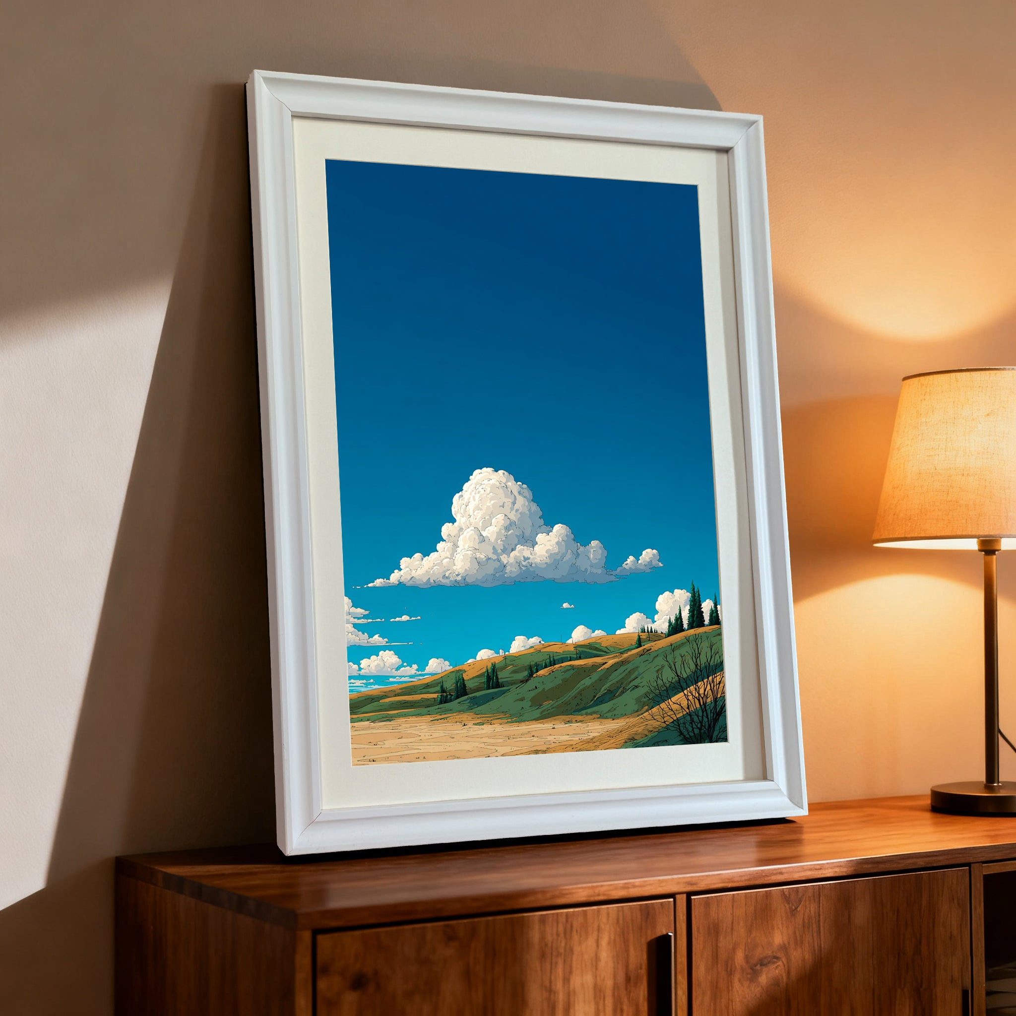 A white-framed art print leaning on a dark wood cabinet next to a glowing table lamp. The artwork shows a clear blue sky dominating the frame above rolling green and yellow hills and a large white cloud.