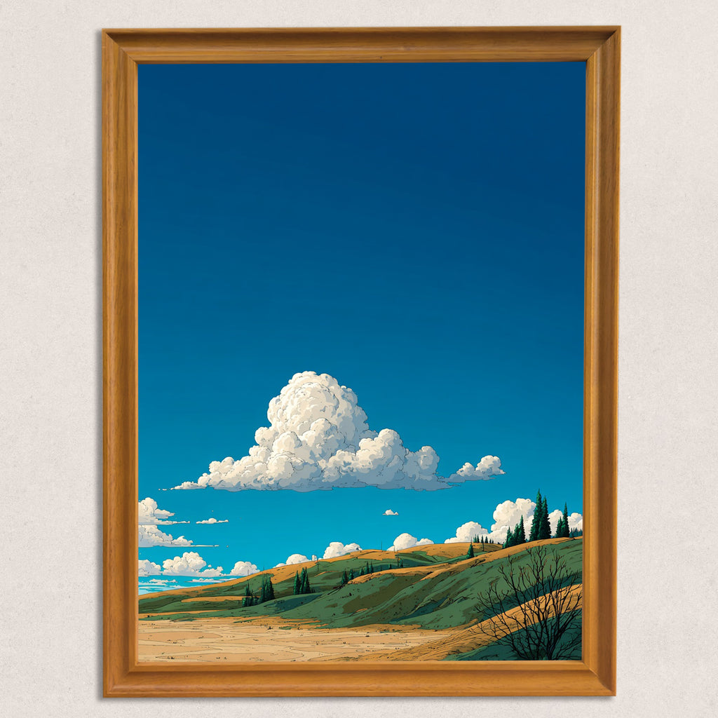 A close-up of the art print in a natural wood-grain frame. The artwork is a vertical landscape emphasizing the expansive bright blue sky and a large, central white cloud above sun-drenched, rolling hills with scattered trees.