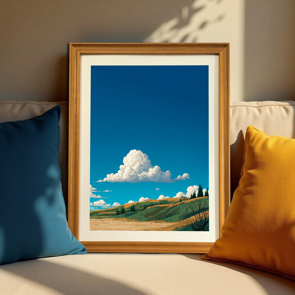 A wood-framed art print resting on a beige sofa between a dark blue pillow and a mustard yellow pillow. The artwork highlights a bright blue sky and a puffy white cloud over sunlit, rolling hills.