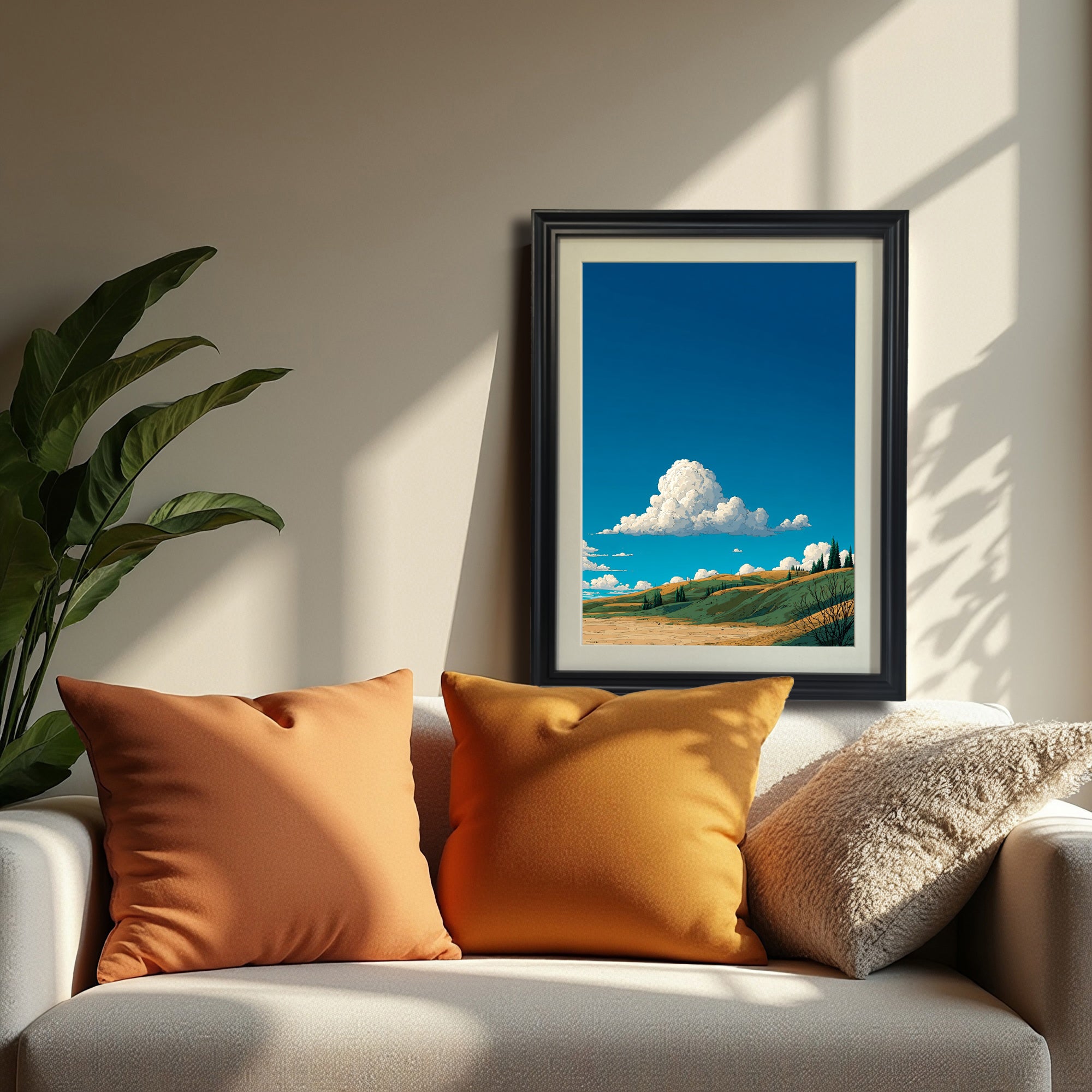A black-framed art print resting on a white sofa with orange and gold pillows. The artwork depicts a sunny landscape of rolling hills and a solitary white cloud against a vivid blue sky.