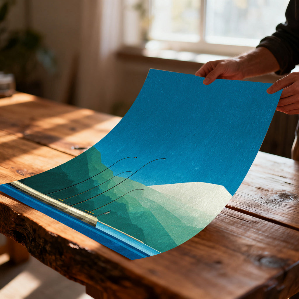 Unframed print of the geometric mountain and pier artwork being held and slightly curved by a person's hands over a rustic wooden table.