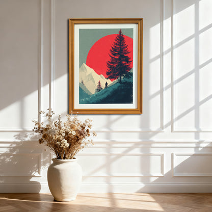 Natural wood-framed art print of the mountain biker design hanging on a white paneled wall. A large vase with dried flowers is on the floor below, with strong window shadows on the wall.