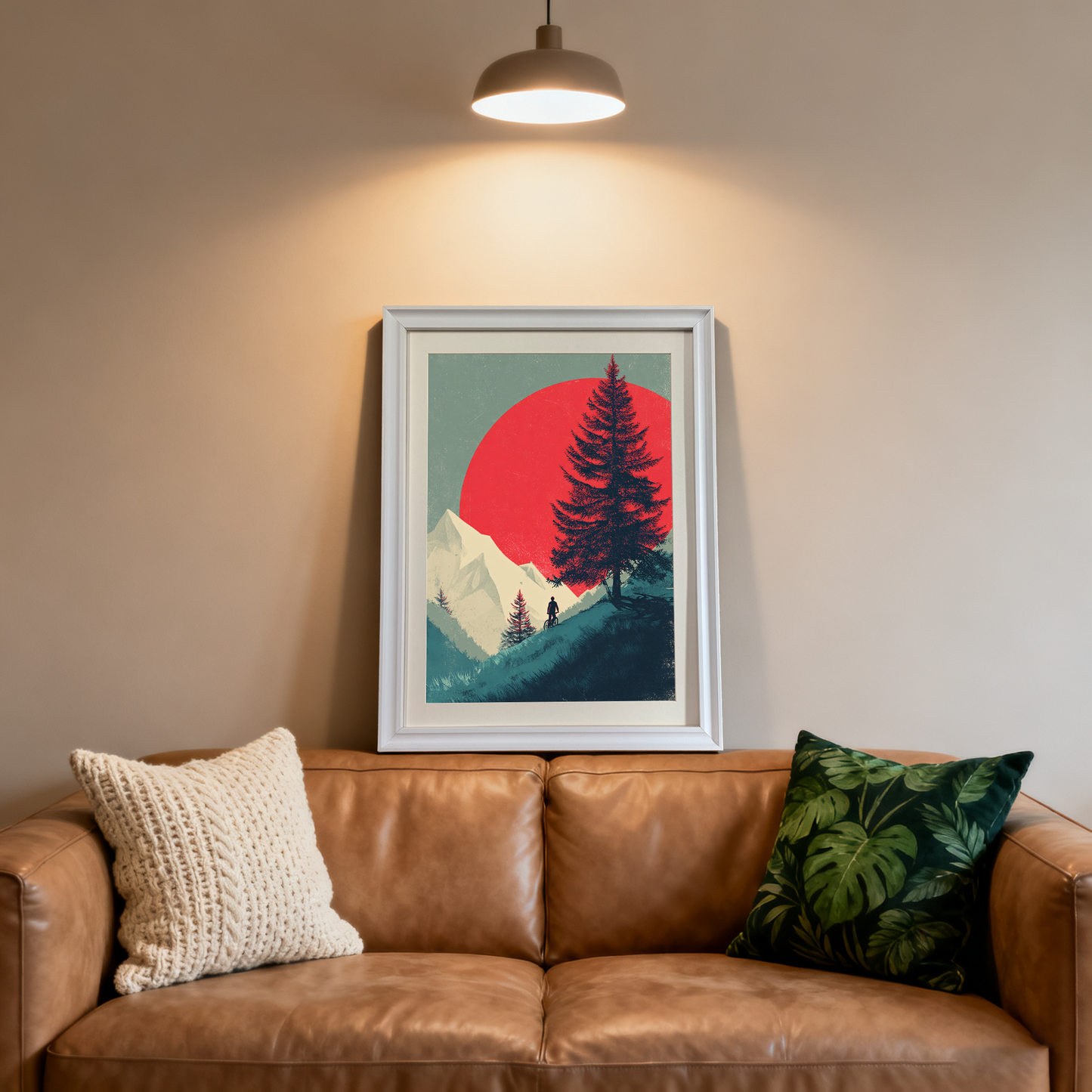 White-framed art print featuring the red sun mountain biking scene, centered above a brown leather couch in a modern living room, highlighted by a ceiling light.