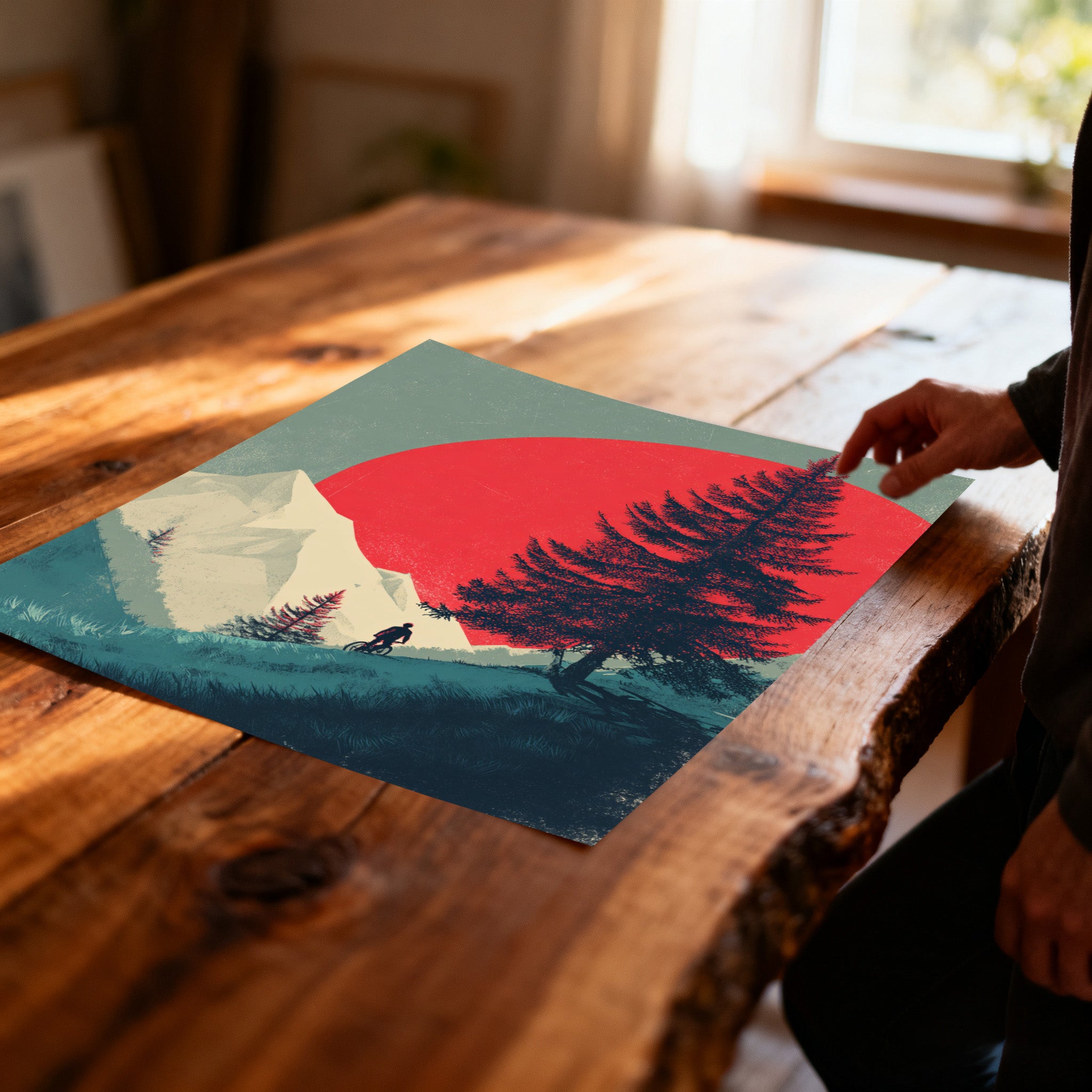 Unframed art print featuring the red sun, mountain, and biker design, lying flat on a rustic wooden table. A person's hand is reaching toward the corner.