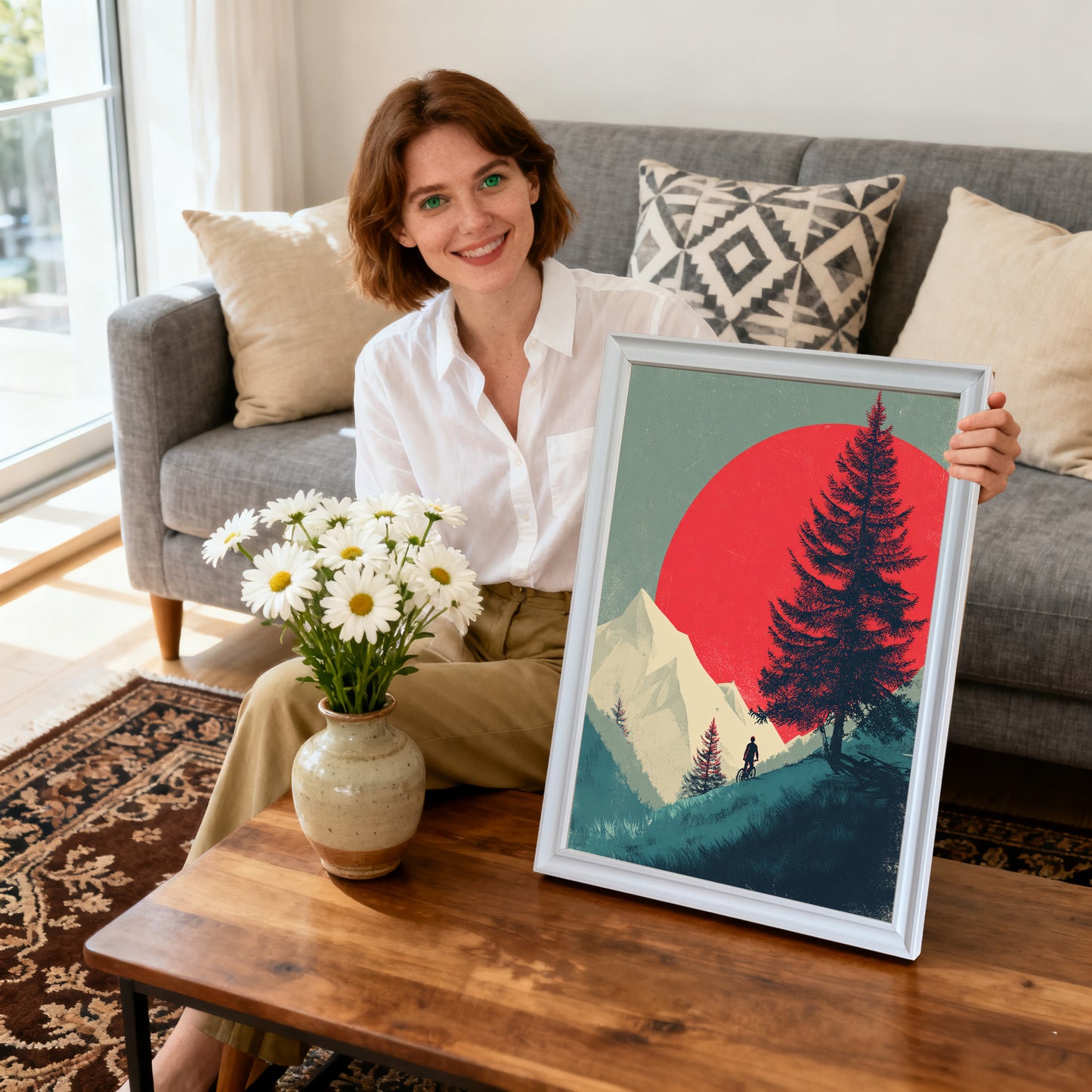 Smiling woman sitting on a coffee table holding a white-framed art print that shows a biker, a pine tree, and a red sun against a mountain backdrop. A vase of daisies is next to the print.