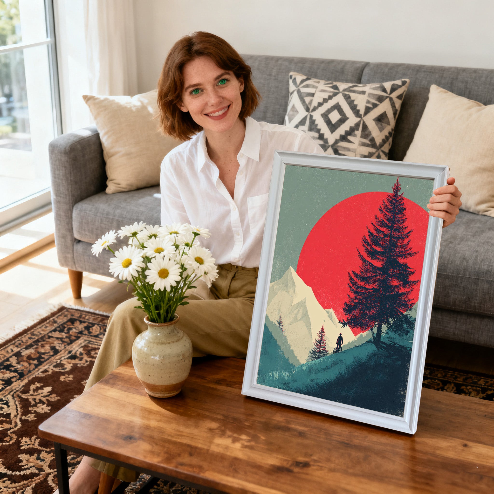 Smiling woman sitting on a coffee table holding a white-framed art print that shows a biker, a pine tree, and a red sun against a mountain backdrop. A vase of daisies is next to the print.