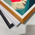 Close-up corner detail of the art print showing three stacked frame options: , white, orange, and black.