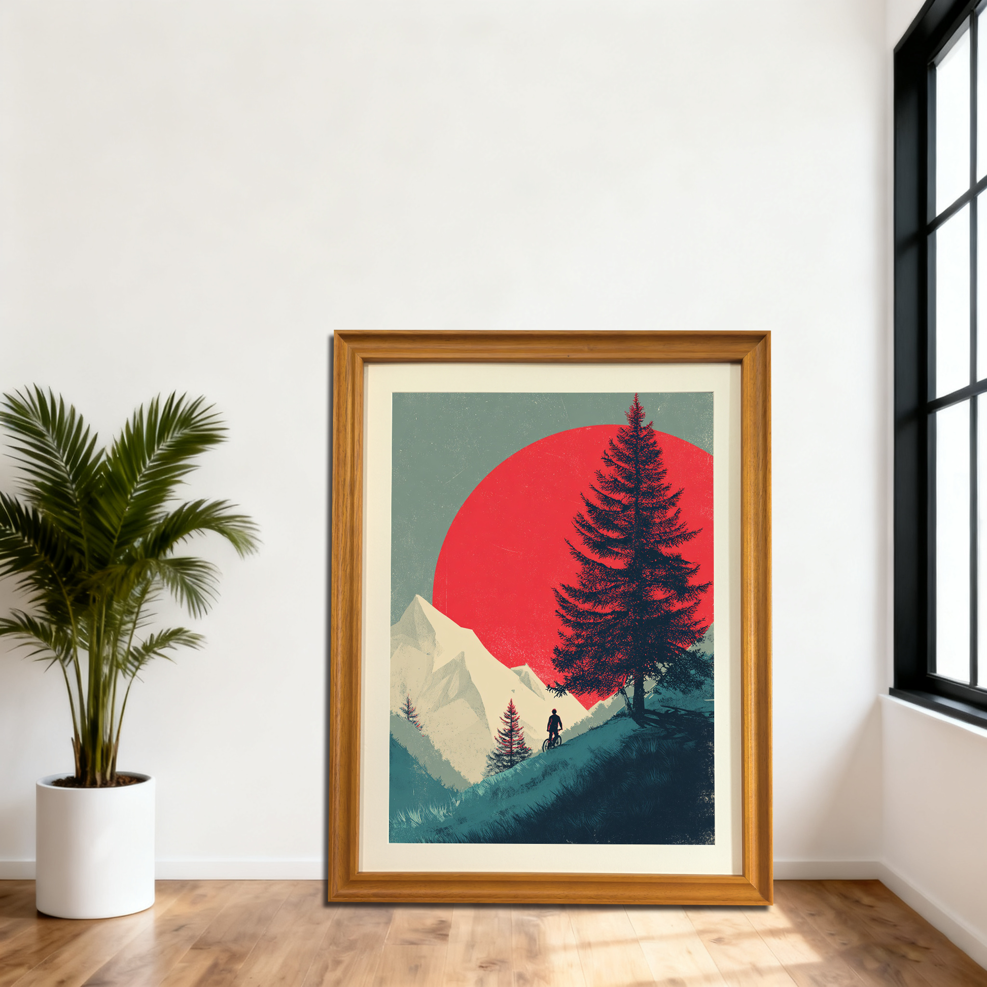 Large, natural wood-framed art print depicting a mountain scene with a red sun and a biker, leaning against a white wall next to a potted palm plant and a large window.