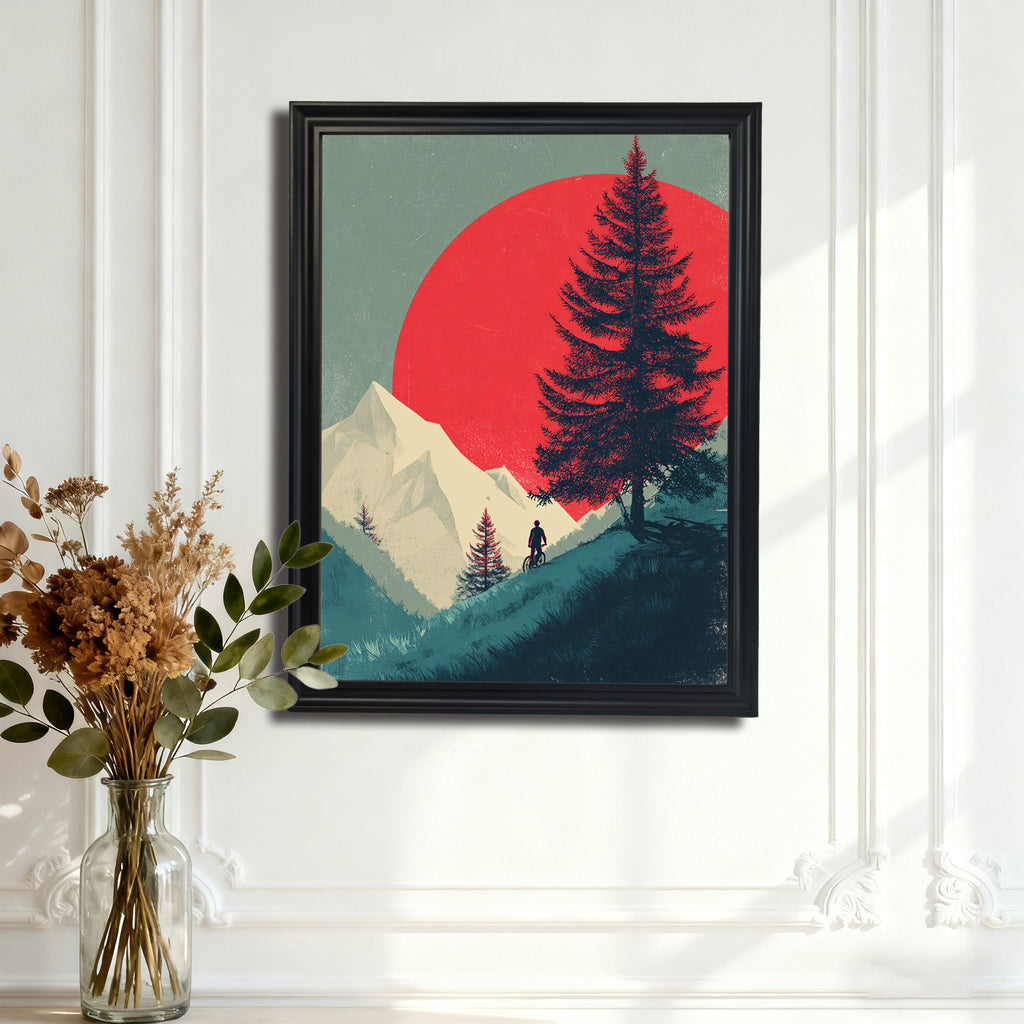 Black-framed art print of a landscape with a red sun, mountain, and pine tree silhouette, hanging on an ornate white paneled wall, with a glass vase of dried flowers in the foreground.