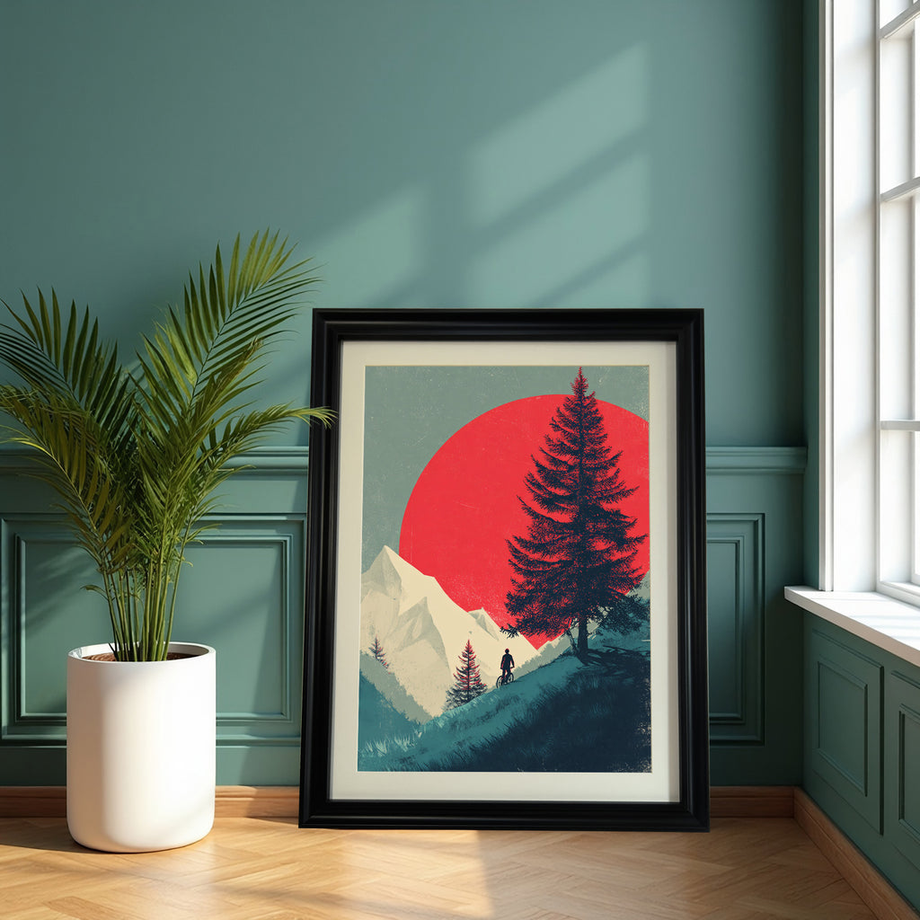 Large, black-framed art print of the red sun and mountain biking design, resting on the floor next to a potted palm, against a teal green paneled wall near a bright window.