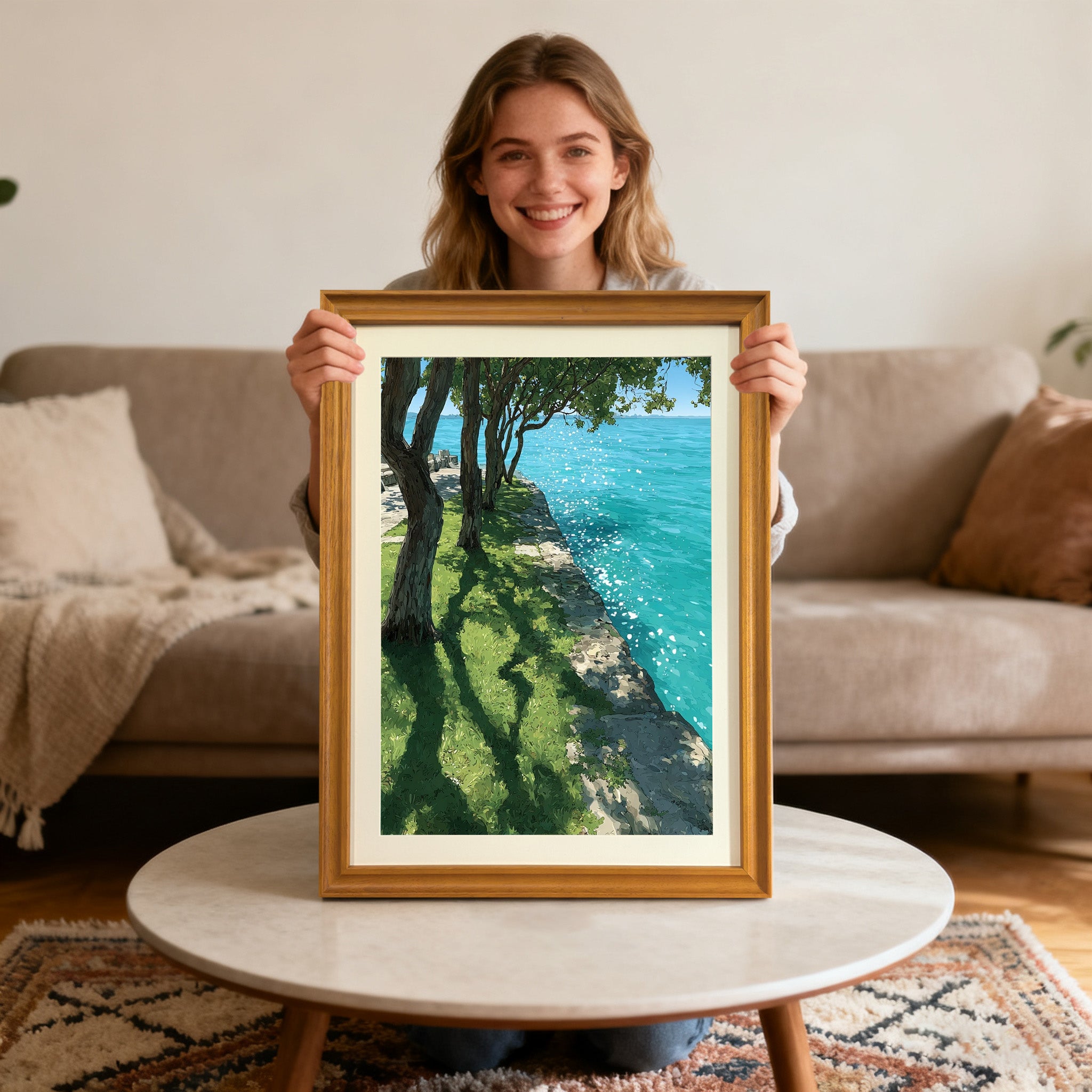A smiling woman holding a vertical wood-framed art print above a round coffee table in a living room. The print features a vibrant waterside scene with trees, grass, and sparkling turquoise water.